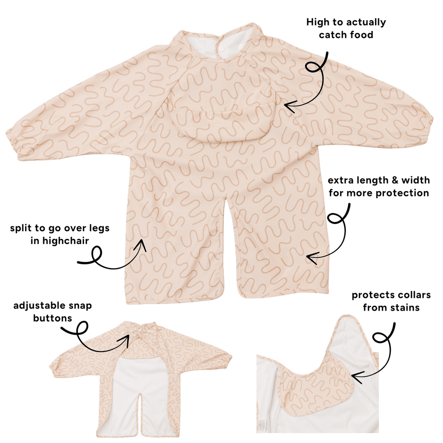 Biscuit Bite waterproof long sleeve smock bib by Abibi, full wrist-to-collar coverage for baby-led weaning and starting solids