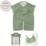 Pistachio Puff waterproof short sleeve smock bib by Abibi, full coverage for messy mealtimes and starting solids
