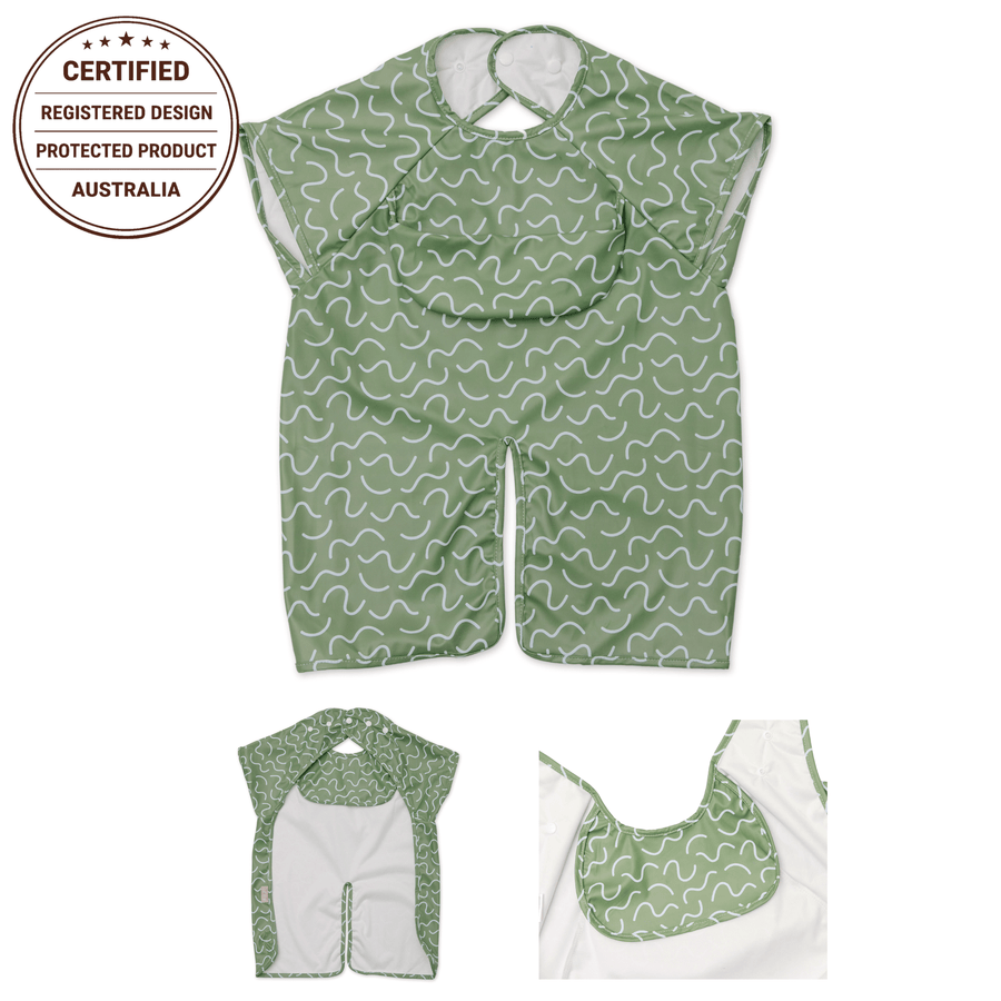 Pistachio Puff waterproof short sleeve smock bib by Abibi, full coverage for messy mealtimes and starting solids