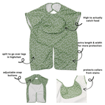 Pistachio Puff waterproof short sleeve smock bib by Abibi, full coverage for messy mealtimes and starting solids