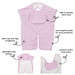 Lilac Lollipop waterproof short sleeve smock bib by Abibi, full coverage for messy mealtimes and starting solids