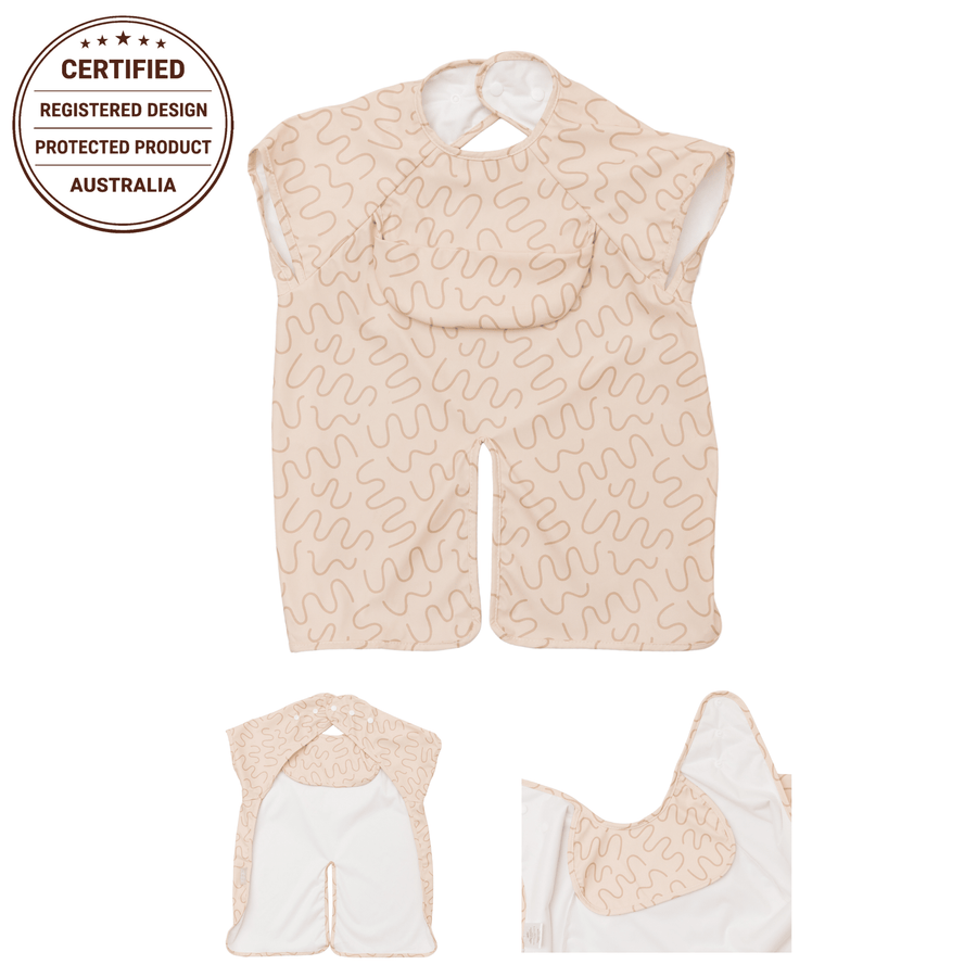 Biscuit Bite waterproof short sleeve smock bib by Abibi, full coverage for messy mealtimes and starting solids