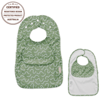 Pistachio Puff Less Mess waterproof baby bib by Abibi, full front coverage that wipes clean for starting solids