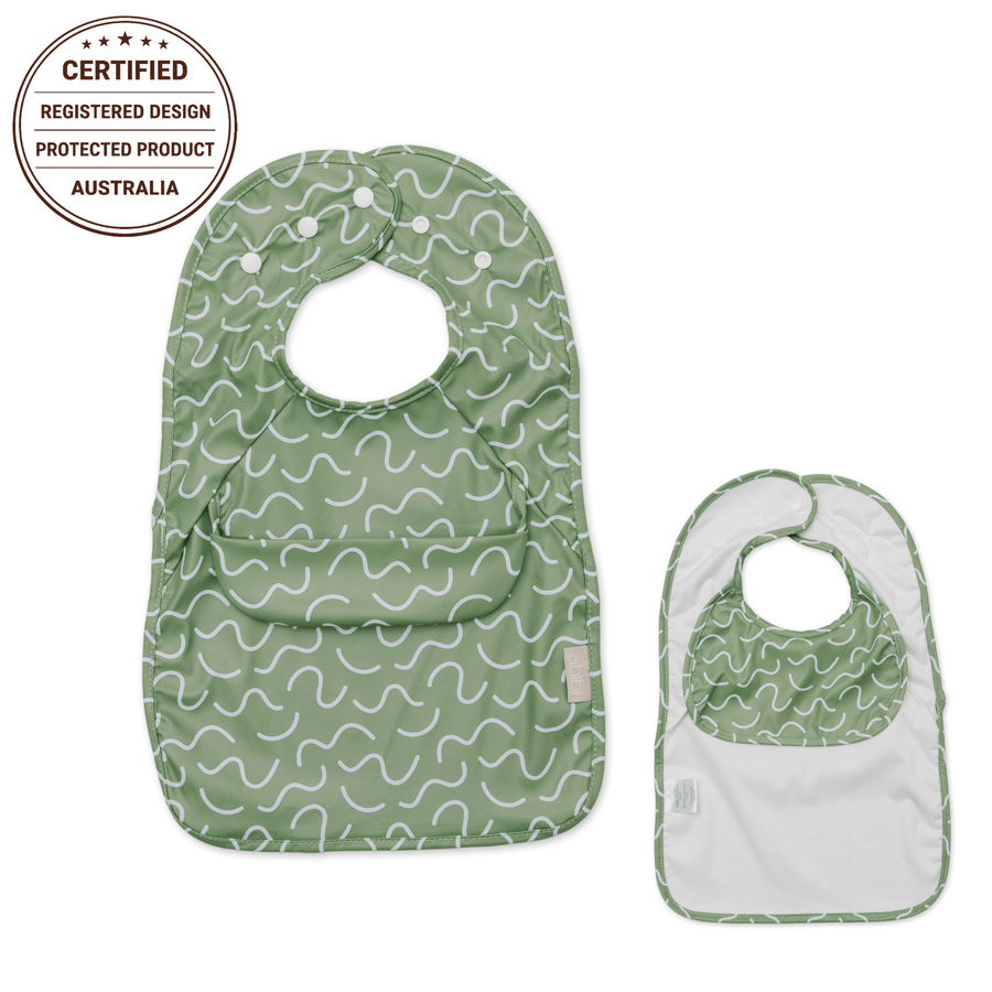 Pistachio Puff Less Mess waterproof baby bib by Abibi, full front coverage that wipes clean for starting solids