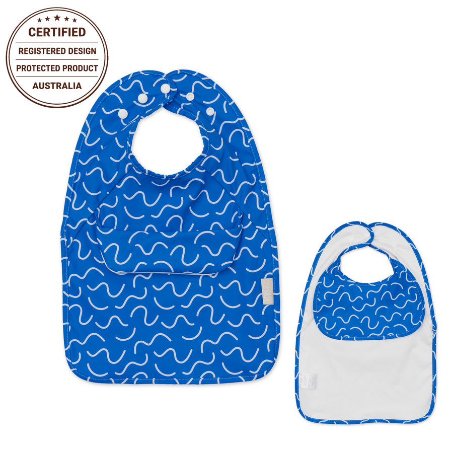 Blueberry Burst Less Mess waterproof baby bib by Abibi, full front coverage that wipes clean for starting solids
