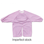 Lilac Lollipop waterproof long sleeve smock bib by Abibi, full wrist-to-collar coverage for baby-led weaning and starting solids