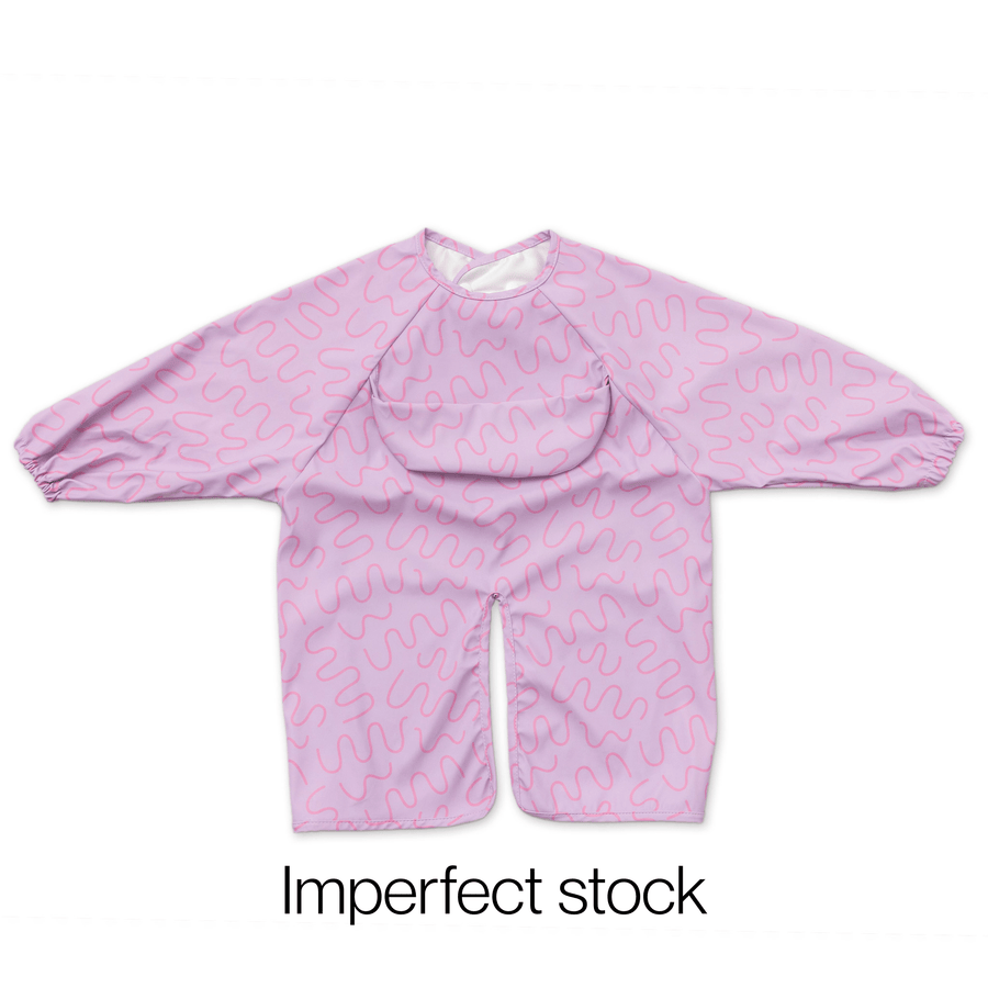 Lilac Lollipop waterproof long sleeve smock bib by Abibi, full wrist-to-collar coverage for baby-led weaning and starting solids