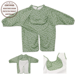 Pistachio Puff waterproof long sleeve smock bib by Abibi, full wrist-to-collar coverage for baby-led weaning and starting solids