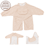Biscuit Bite waterproof long sleeve smock bib by Abibi, full wrist-to-collar coverage for baby-led weaning and starting solids
