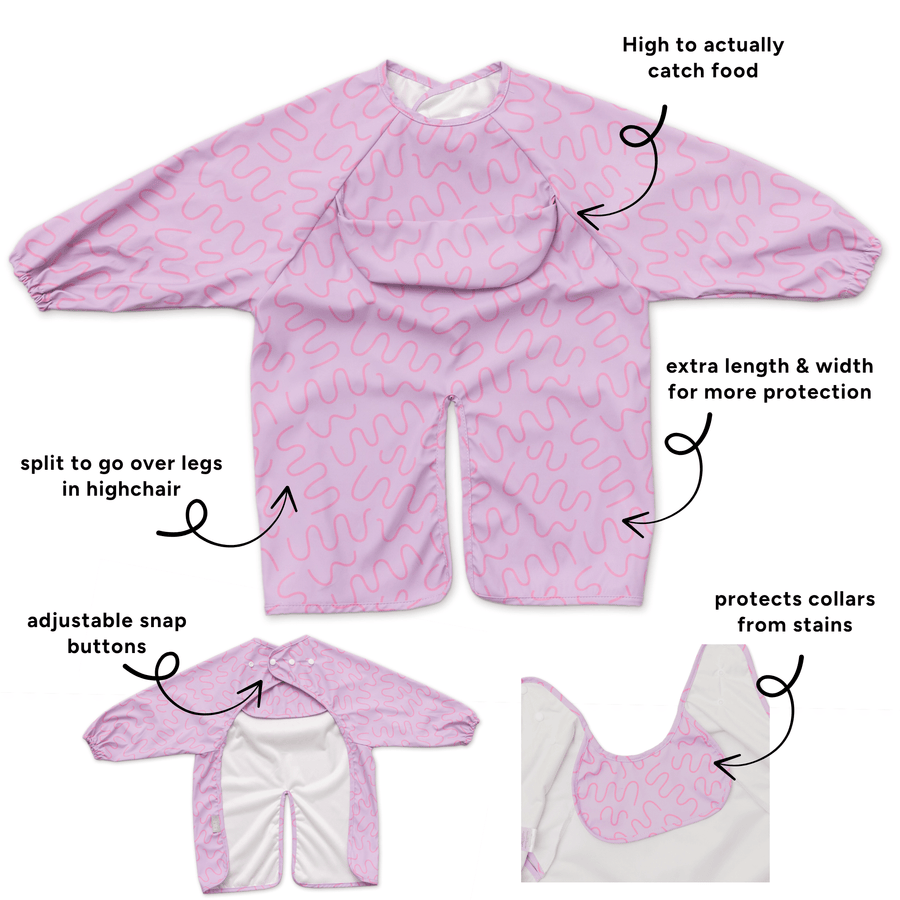 Lilac Lollipop waterproof long sleeve smock bib by Abibi, full wrist-to-collar coverage for baby-led weaning and starting solids