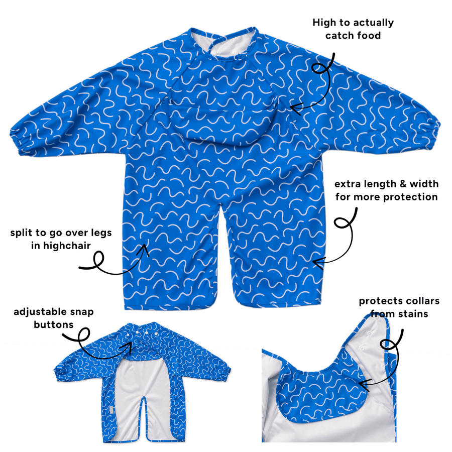 Blueberry Burst waterproof long sleeve smock bib by Abibi, full wrist-to-collar coverage for baby-led weaning and starting solids