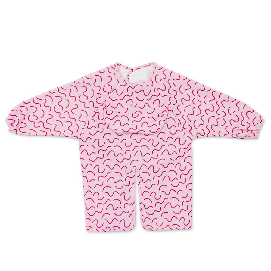 Berry Bliss waterproof long sleeve smock bib by Abibi, full wrist-to-collar coverage for baby-led weaning and starting solids