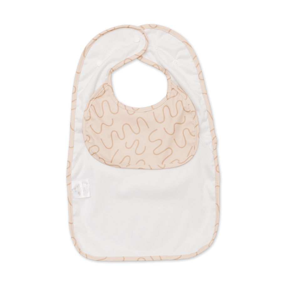 Biscuit Bite beige waterproof sleeveless baby feeding smock bib by Abibi - mess proof inner collar flap