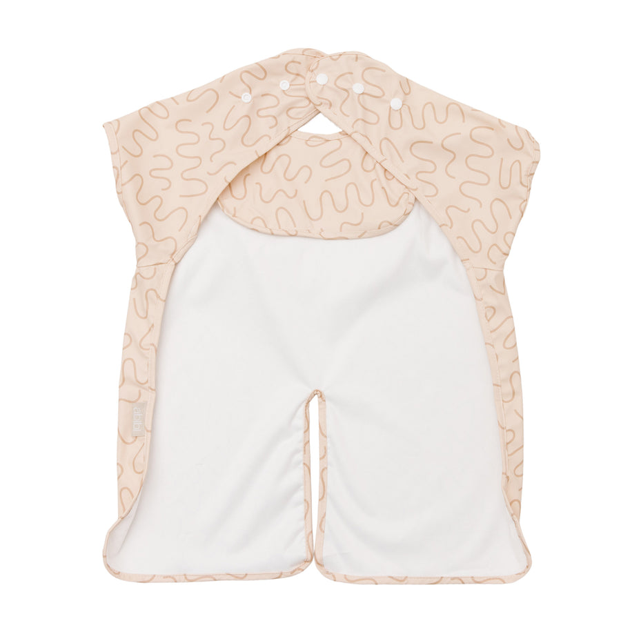 Biscuit Bite beige waterproof short sleeve baby feeding smock by Abibi - mess proof inner collar flap