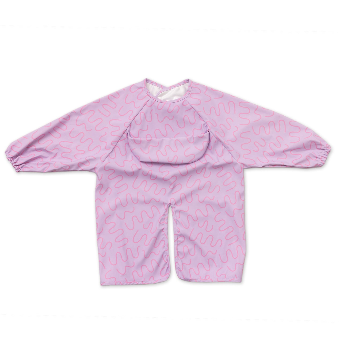Abibi long sleeve smock bib, bright playful print, keeps clothes clean during mealtimes