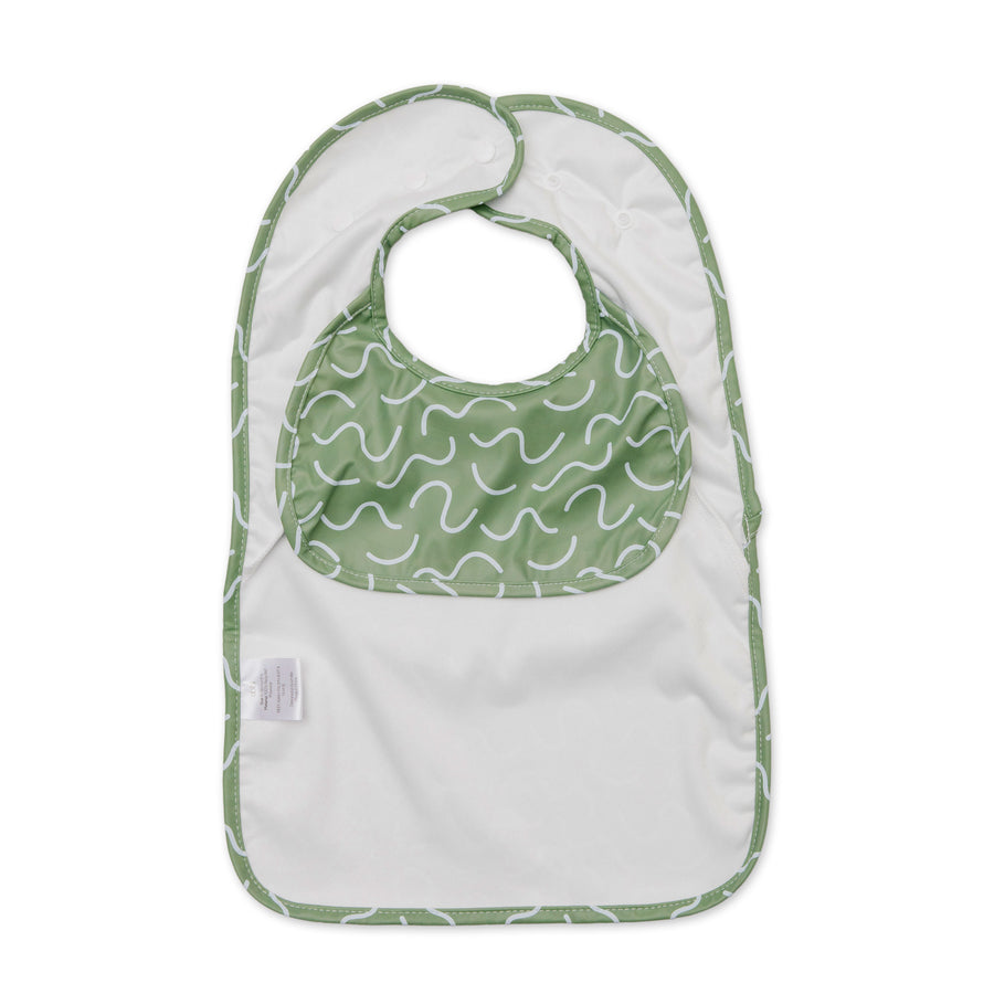 Pistachio Puff green waterproof sleeveless baby feeding smock bib by Abibi - mess proof inner collar flap