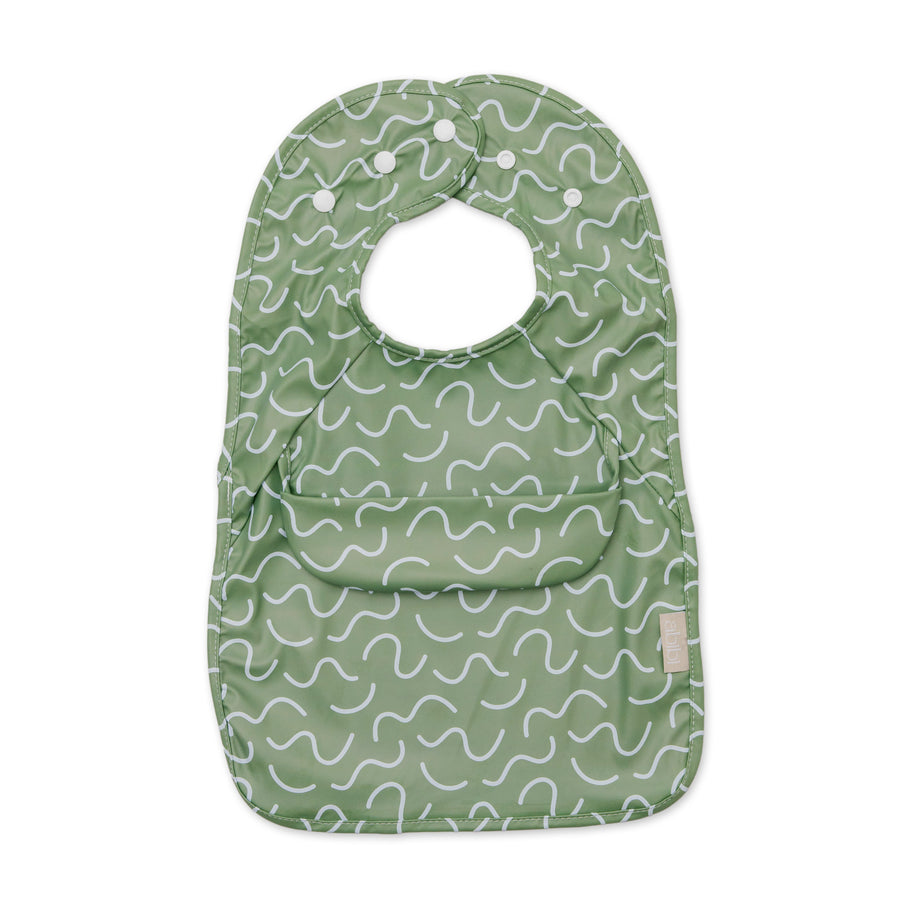 Pistachio Puff green waterproof sleeveless baby feeding smock bib by Abibi - mess proof inner collar flap