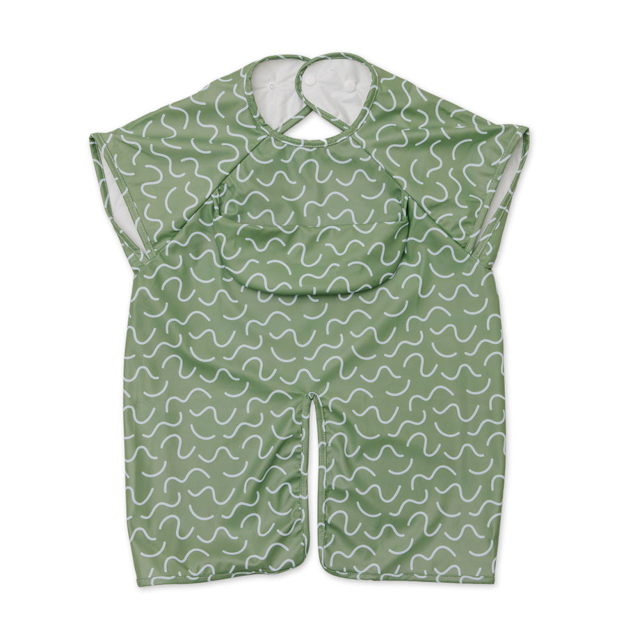 Pistachio Puff green waterproof short sleeve baby feeding smock by Abibi - mess proof inner collar flap