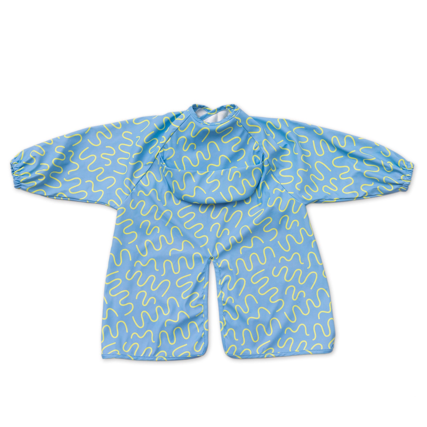 Abibi long sleeve smock bib, bright playful print, keeps clothes clean during mealtimes