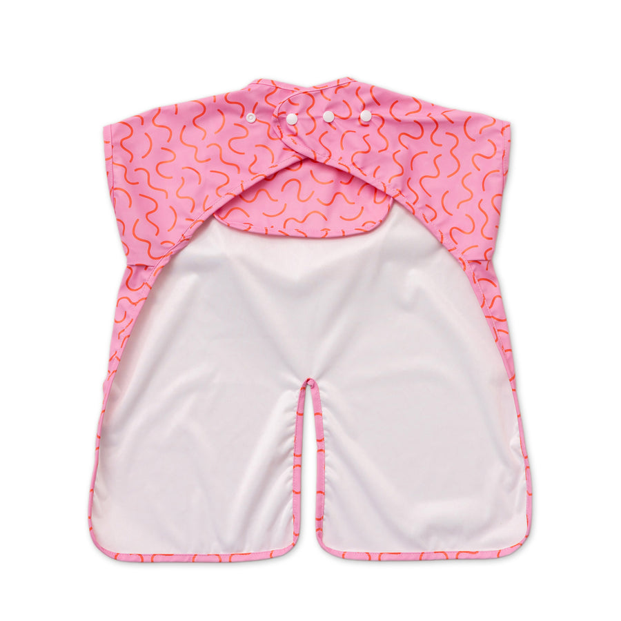 Strawberry Smudge pink waterproof short sleeve baby feeding smock by Abibi - mess proof inner collar flap
