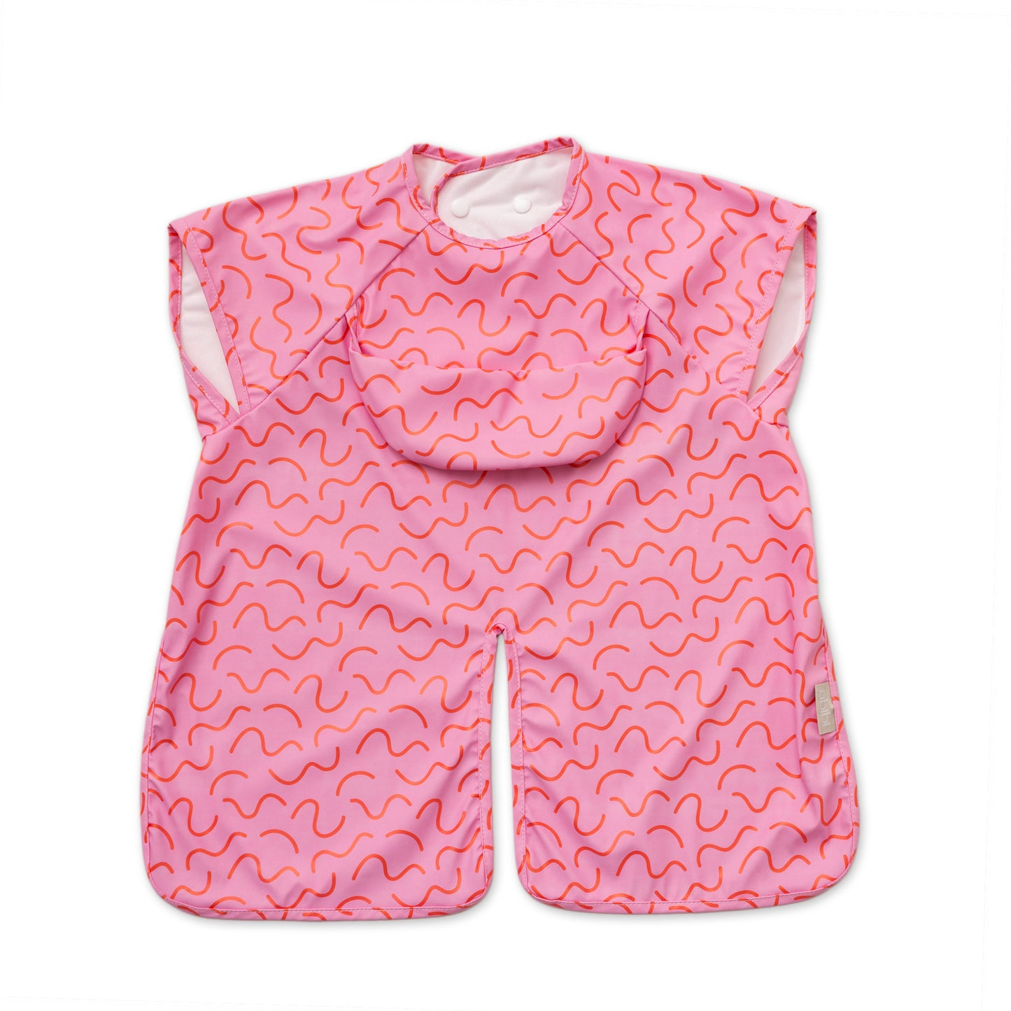 Abibi long sleeve smock bib, bright playful print, keeps clothes clean during mealtimes