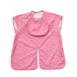 Strawberry Smudge pink waterproof short sleeve baby feeding smock by Abibi - mess proof inner collar flap