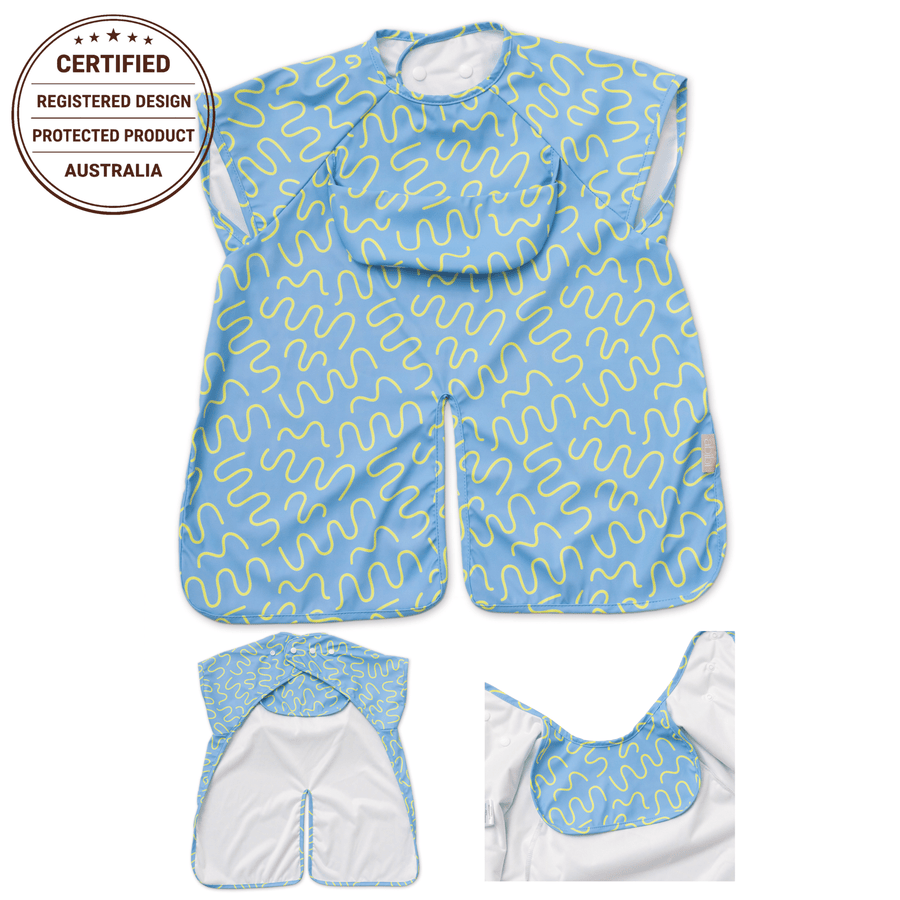 Sky Snack waterproof short sleeve smock bib by Abibi, full coverage for messy mealtimes and starting solids