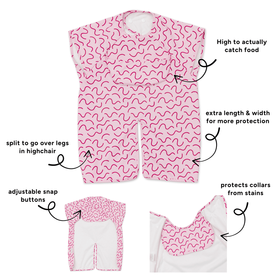 Berry Bliss waterproof short sleeve smock bib by Abibi, full coverage for messy mealtimes and starting solids