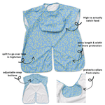 Sky Snack waterproof short sleeve smock bib by Abibi, full coverage for messy mealtimes and starting solids