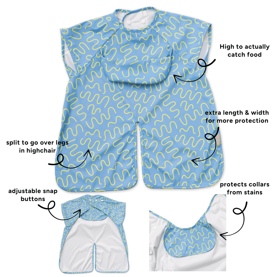 Sky Snack waterproof short sleeve smock bib by Abibi, full coverage for messy mealtimes and starting solids