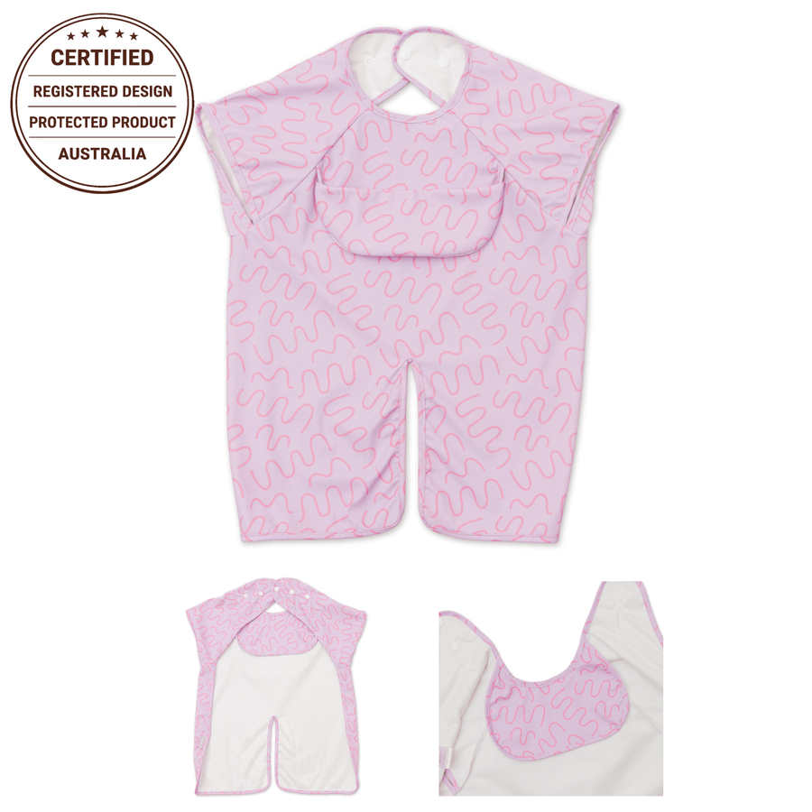 Lilac Lollipop waterproof short sleeve smock bib by Abibi, full coverage for messy mealtimes and starting solids