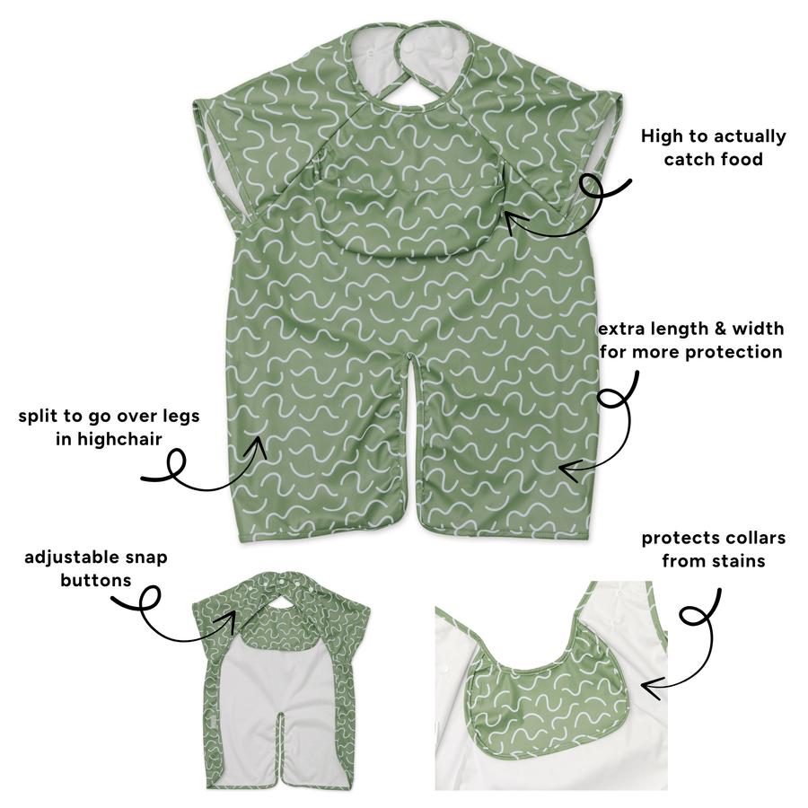 Pistachio Puff waterproof short sleeve smock bib by Abibi, full coverage for messy mealtimes and starting solids
