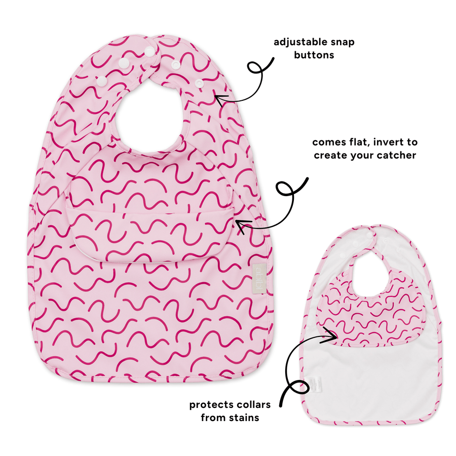 Berry Bliss Less Mess waterproof baby bib by Abibi, full front coverage that wipes clean for starting solids