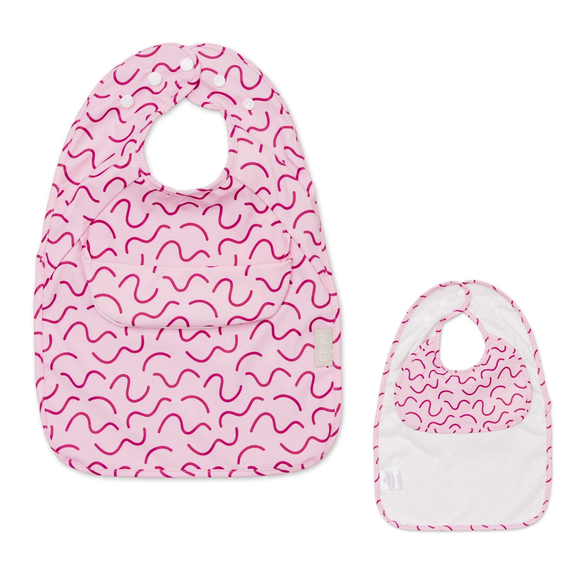 Berry Bliss pink waterproof sleeveless baby feeding smock bib by Abibi - world-first mess proof design with inner collar flap