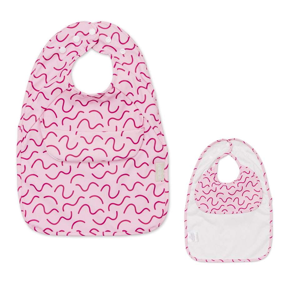 Berry Bliss pink waterproof sleeveless baby feeding smock bib by Abibi - world-first mess proof design with inner collar flap