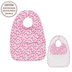 Berry Bliss Less Mess waterproof baby bib by Abibi, full front coverage that wipes clean for starting solids