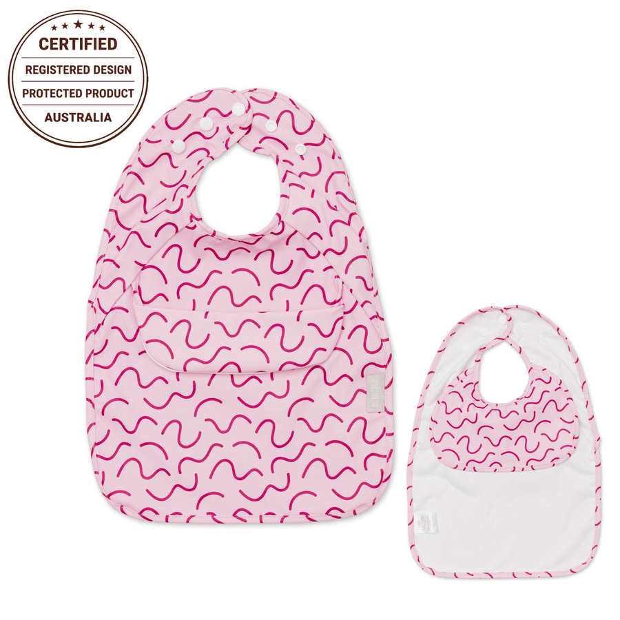 Berry Bliss Less Mess waterproof baby bib by Abibi, full front coverage that wipes clean for starting solids