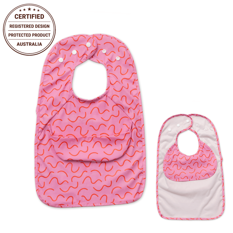 Strawberry Smudge Less Mess waterproof baby bib by Abibi, full front coverage that wipes clean for starting solids