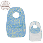 Sky Snack Less Mess waterproof baby bib by Abibi, full front coverage that wipes clean for starting solids