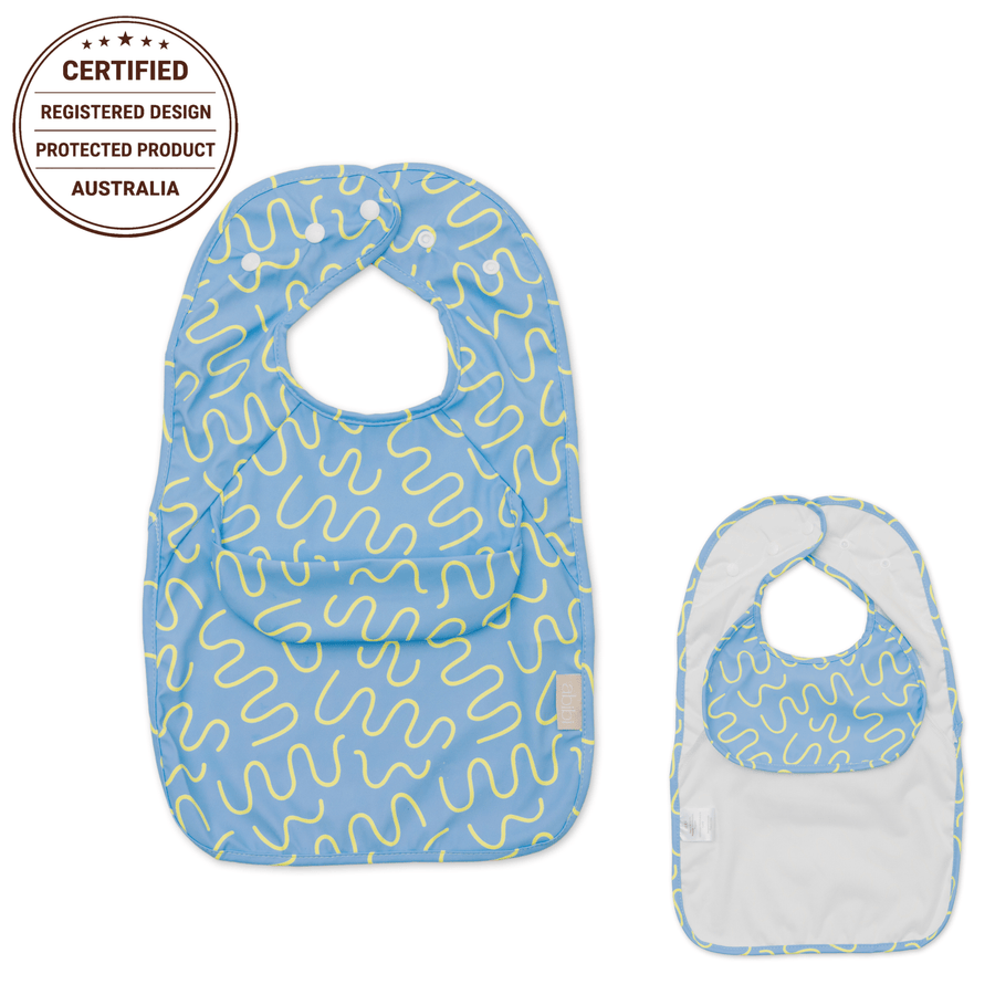 Sky Snack Less Mess waterproof baby bib by Abibi, full front coverage that wipes clean for starting solids