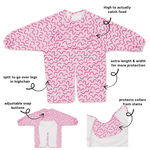 Berry Bliss waterproof long sleeve smock bib by Abibi, full wrist-to-collar coverage for baby-led weaning and starting solids