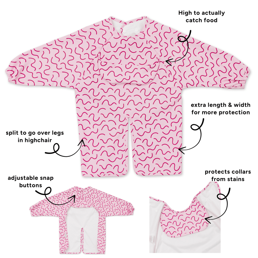 Berry Bliss waterproof long sleeve smock bib by Abibi, full wrist-to-collar coverage for baby-led weaning and starting solids