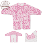 Berry Bliss waterproof long sleeve smock bib by Abibi, full wrist-to-collar coverage for baby-led weaning and starting solids