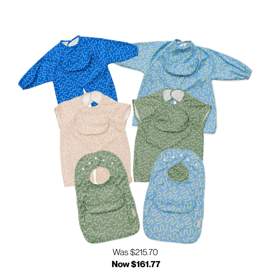 Abibi Total bib bundle for boys, size 2: long sleeve, short sleeve and Less Mess waterproof smock bibs
