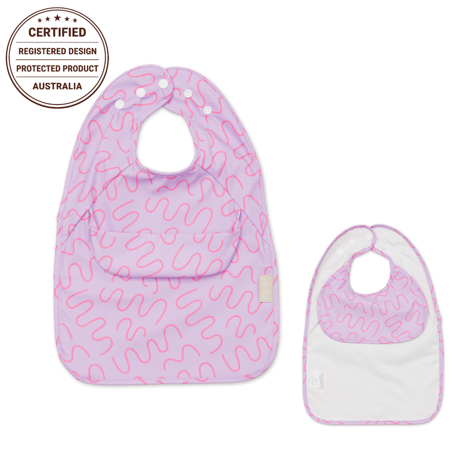Lilac Lollipop Less Mess waterproof baby bib by Abibi, full front coverage that wipes clean for starting solids