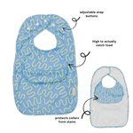 Sky Snack Less Mess waterproof baby bib by Abibi, full front coverage that wipes clean for starting solids