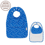 Blueberry Burst Less Mess waterproof baby bib by Abibi, full front coverage that wipes clean for starting solids
