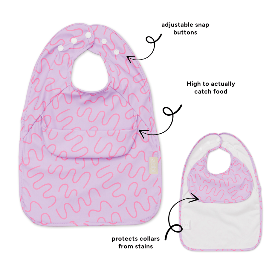 Lilac Lollipop Less Mess waterproof baby bib by Abibi, full front coverage that wipes clean for starting solids