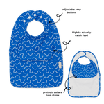 Blueberry Burst Less Mess waterproof baby bib by Abibi, full front coverage that wipes clean for starting solids