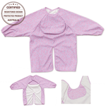 Lilac Lollipop waterproof long sleeve smock bib by Abibi, full wrist-to-collar coverage for baby-led weaning and starting solids